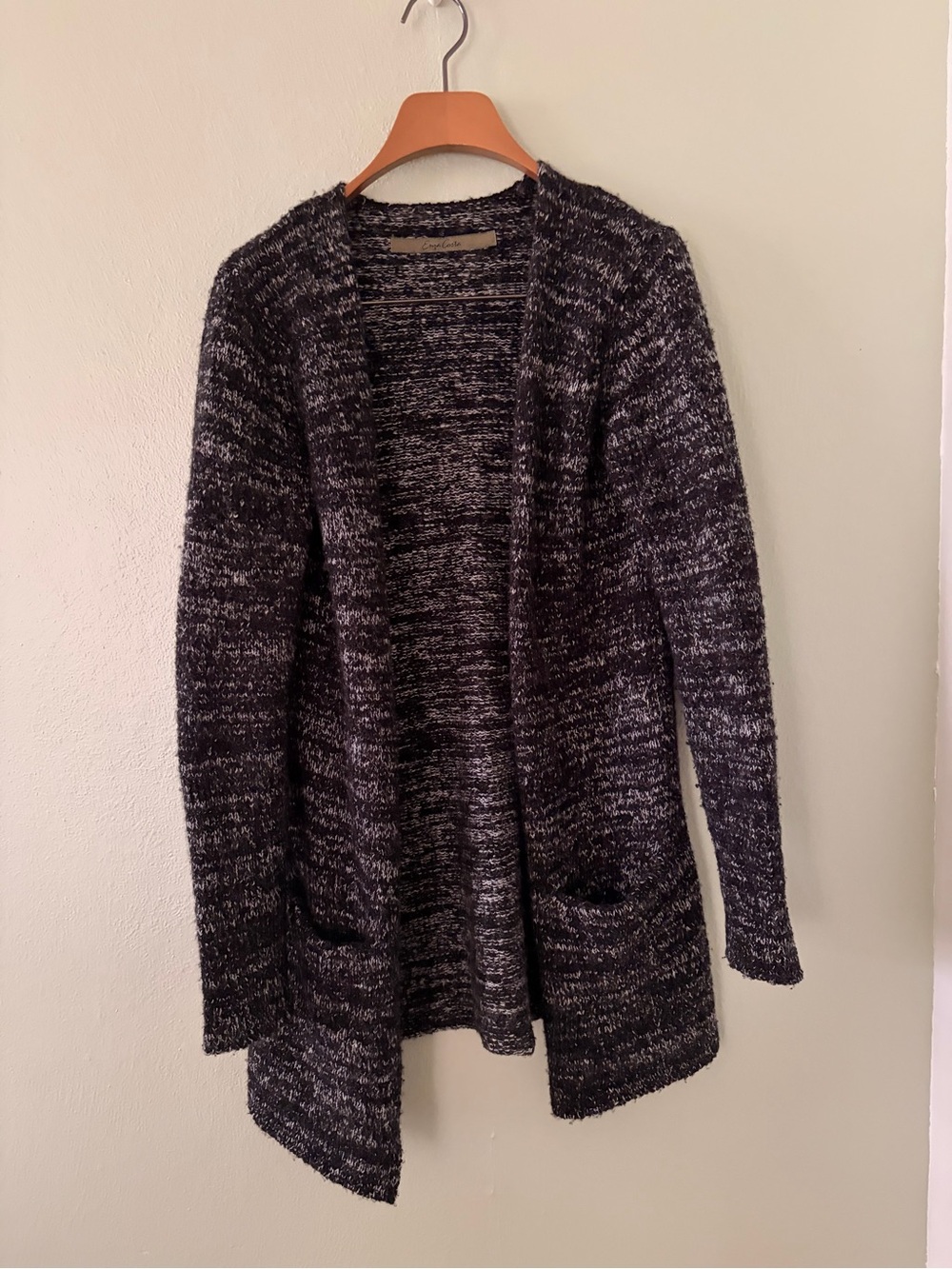 Enza Costa Black and White Marled Open-Front Cashmere, Silk & Wool Cardigan